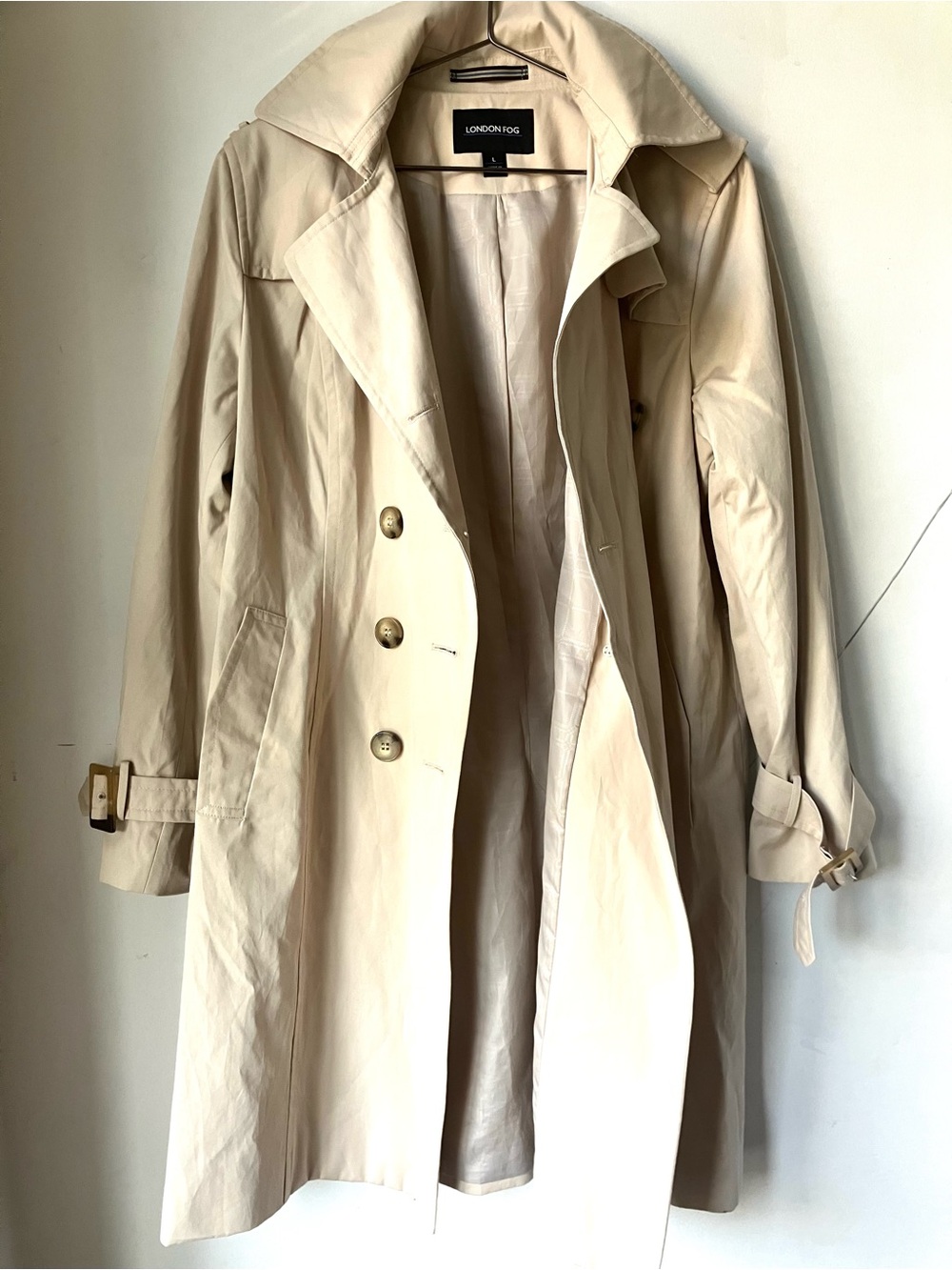 London Fog Beige Trench Coat with Classic Double-Breasted Front